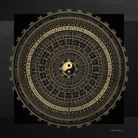 Gold Feng Shui Compass Geomantic Compass Luopan Over Black Canvas Digital Art By Serge