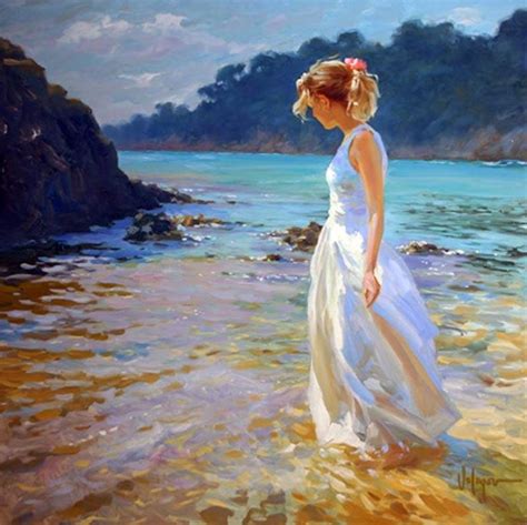 A Painting Of A Woman Standing In The Water Looking Out To Sea With