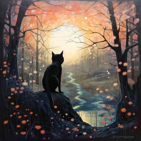 Premium AI Image | painting of a cat sitting on a rock in a forest ...