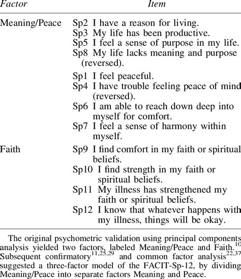 Items By Factor Of The Item Functional Assessment Of Chronic Illness