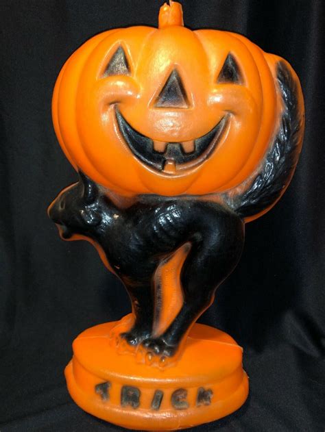 Lot Of 2 Halloween Vintage 1960s Black Cat Plastic Blow Mold Jack O