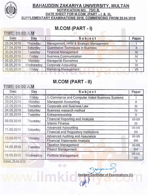 Bahauddin Zakariya University Bzu Multan M Date Sheet