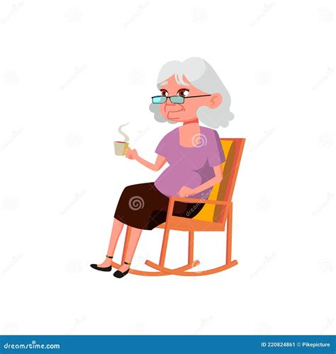 Elderly Woman Sitting In Rocking Chair And Drinking Tea Cartoon Vector Stock Vector