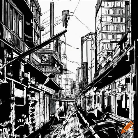 City Scene With Motorcycle And Buildings In Manga Black And White Style