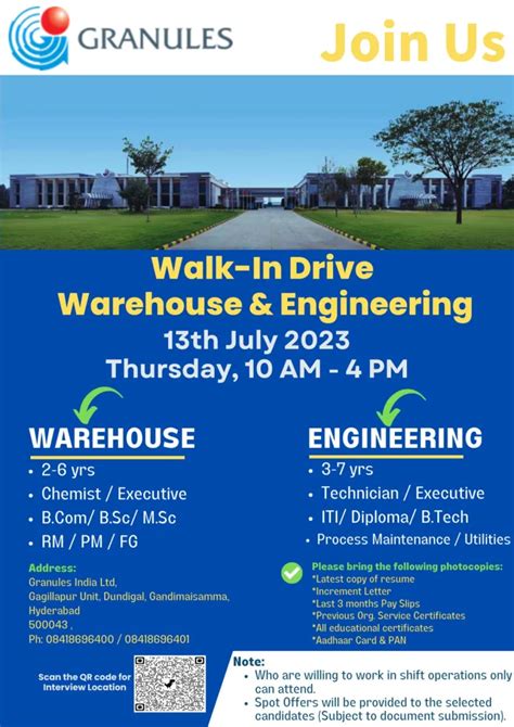 Granules India Limited Walk In Drive For ITI Diploma Candidates In