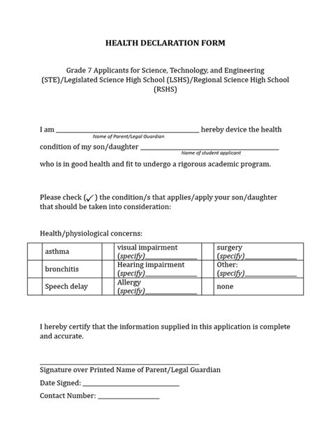 Ste Health Declaration Form Pdf