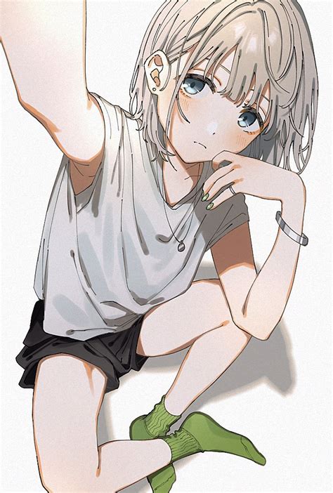 Safebooru 1girl Arm Up Bangle Bangs Black Shorts Blue Eyes Blush