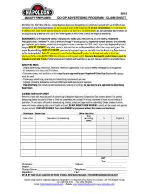 Fillable Online CO OP ADVERTISING PROGRAM CLAIM SHEET 2012 Total Fax