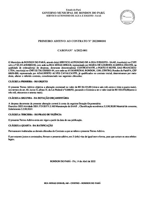 Primeiro Aditivo Assinado Prefeitura Municipal De Rondon Do Par