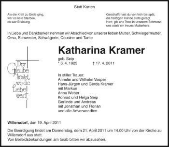 Traueranzeigen Von Katharina Kramer Trauer Anzeigen De