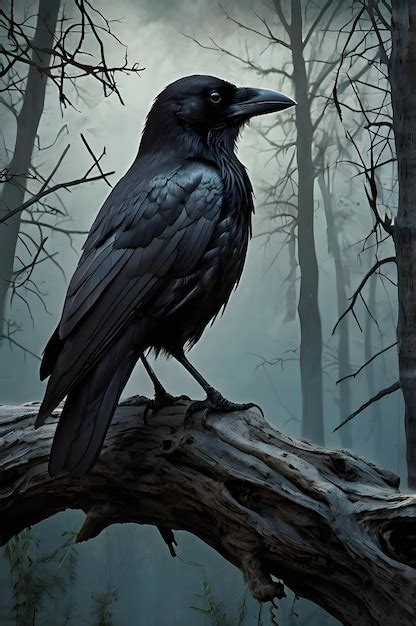crow  standing   tree branch   forest premium ai