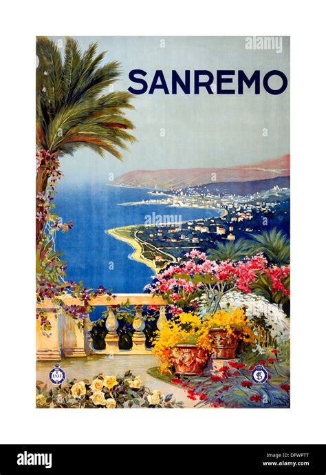 San Remo Sanremo Vintage Travel Poster With Palm Tree Terrace And View