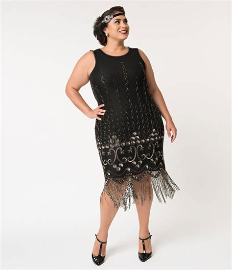 Unique Vintage Plus Size 1920s Style Black Silver Sequin Maryam