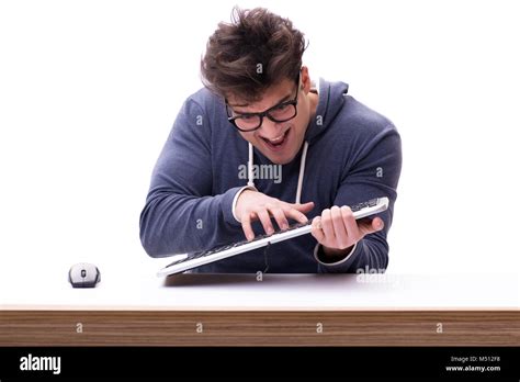 Funny Nerd Man Working On Computer Isolated On White Stock Photo Alamy