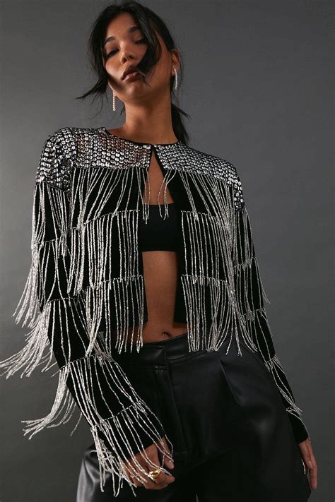 Jackets And Coats Premium Velvet Hand Embellished Sequin Fringe Jacket Warehouse