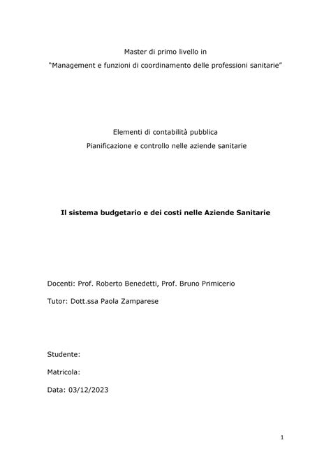 Il Sistema Budgetario E Dei Costi Nelle Aziende Sanitarie Master Di