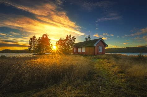 Rboles Puesta De Sol Lago Casa Noruega Ca A Ringerike Fondo De