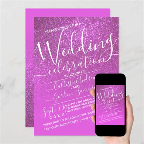 Magenta Pink Sparkly Glitter Ombre Wedding Invitation Zazzle