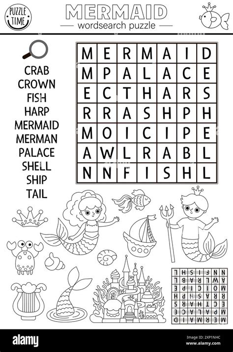 Vector Mermaid Black And White Wordsearch Puzzle For Kids Marine Word