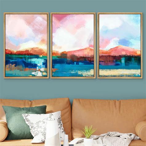 Pixonsign Framed Wall Art Set Watercolor Pastel Pink Blue Mountain