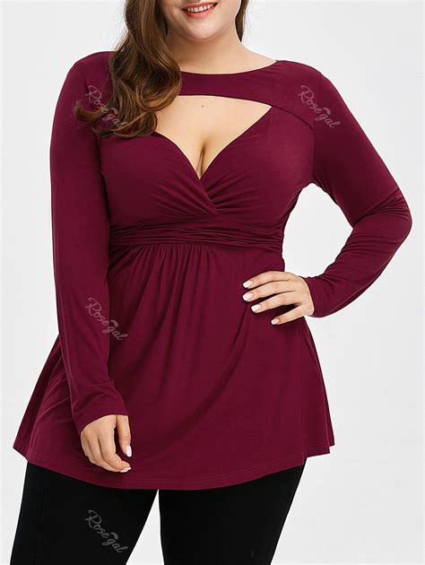 [10 Off] Plus Size Low Cut Empire Waist Full Sleeve T Shirt Rosegal