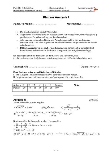 Klausur PT Ana1 SS14 Mit Loesung Hochschule RheinMain FB Ing