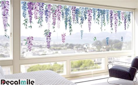 Decalmile Summer Purple Flower Double Sided Window Clings Hanging Vine