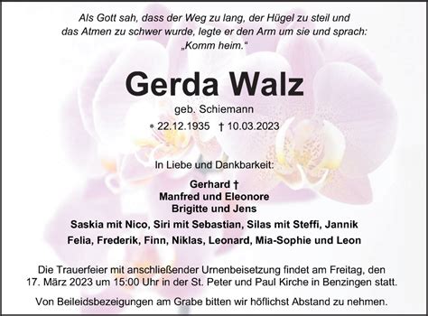 Traueranzeigen von Gerda Walz Südwest Presse Trauer