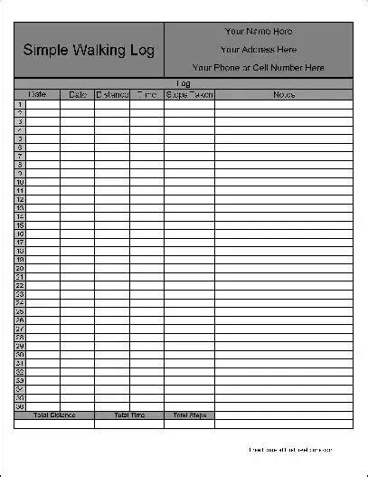 Free Personalized Numbered Row Simple Walking Log