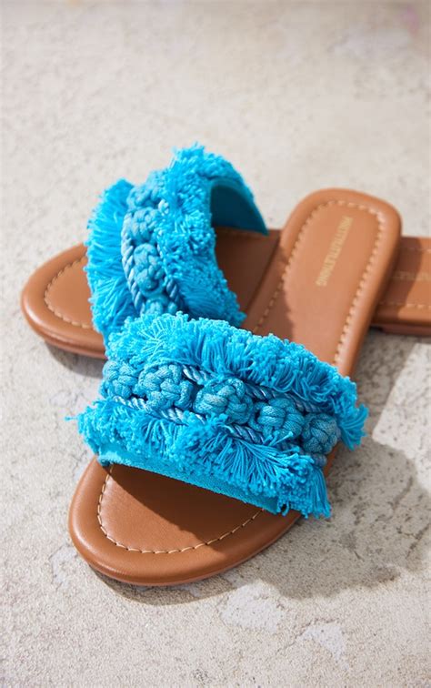 Bright Blue Round Toe Tassel Fringe Flat Sandals Prettylittlething Aus