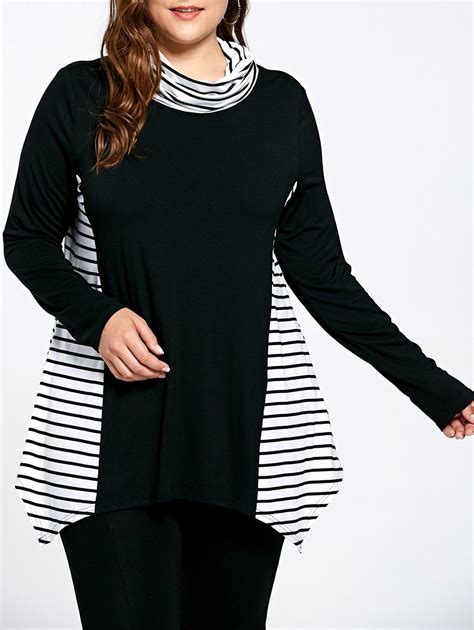 50 Off Asymmetric Plus Size Stripe Panel Turtleneck T Shirt Rosegal