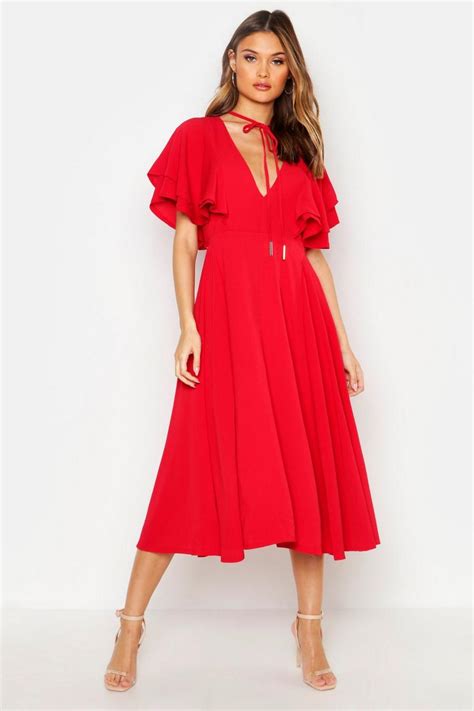 Ruffle Angel Sleeve Bolo Tie Midi Dress Boohoo