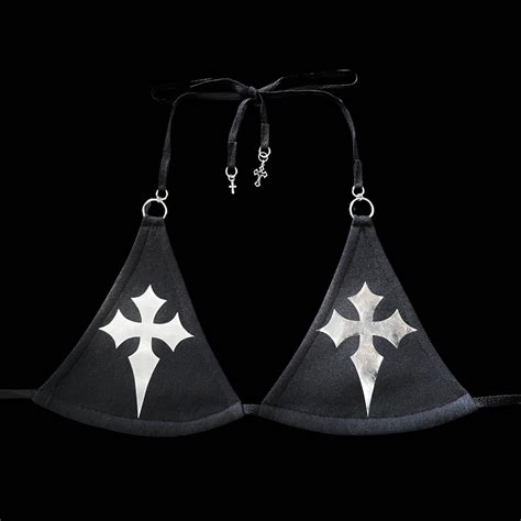 H Handmade Black Cross Bikini Top Silver Metalic Chrome Punk