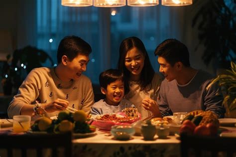 Premium Photo | A family sitting at a dinner table eating