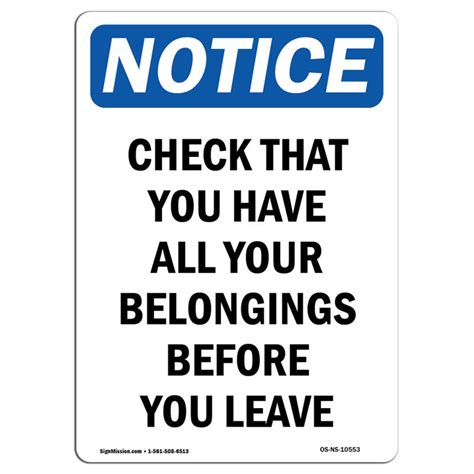 Signmission Osha Notice Check That You Have All Your Belongings Sign Heavy Duty Wayfair Canada