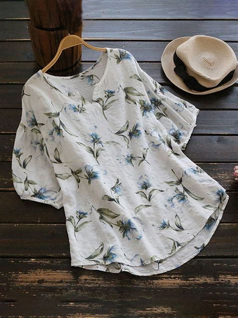 V Neck Short Sleeve Casual Floral Plus Size T Shirt Blusa Vintage