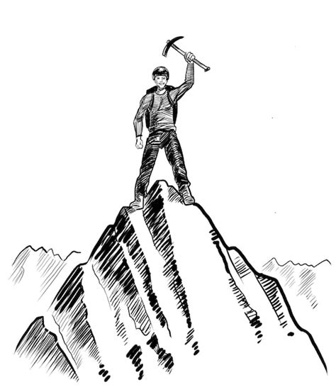 Alpinista en la cima de una montaña Ilustración en blanco y negro