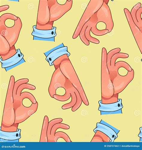 Hand Gesture Ok In Cartoon Style Colorful Seamless Pattern Stock