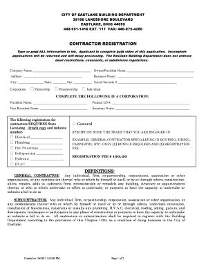 Fillable Online Contractor Registration Form Eastlake Fax Email Print