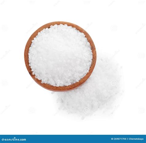 Wooden Bowl And Heap Of Natural Sea Salt Isolated On White Top View