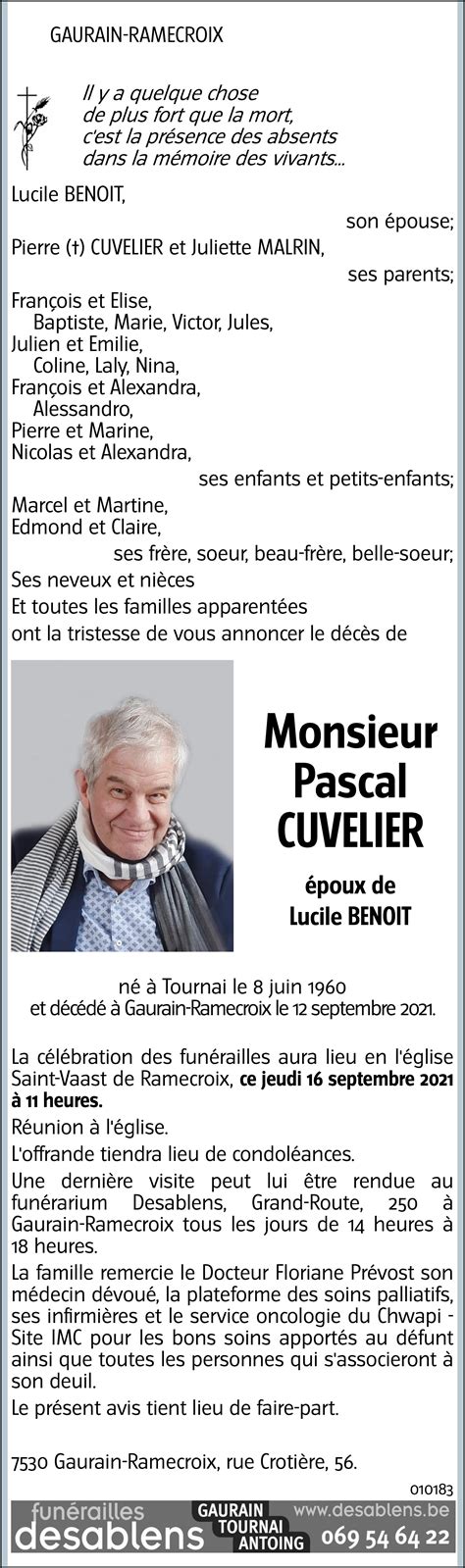 Pascal CUVELIER 12 09 2021 Avis nécrologique lavenir net