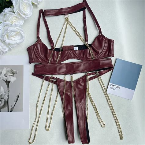 Ellolace Sensual Leather Lingerie Half Cup Bra Kit Push Up With Chain Sissy Crotchless Naked