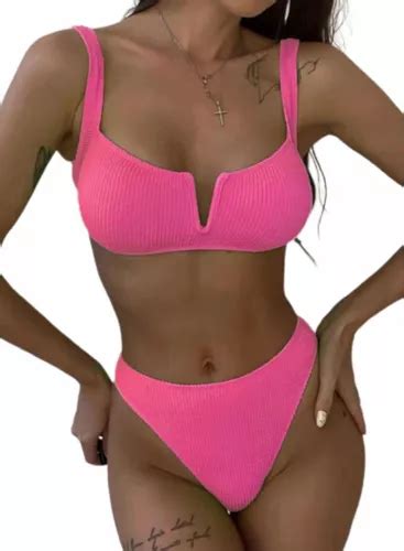 Malla Dos Piezas Bikini Mujer Tipo Top Relleno Liso Playa Cuotas Sin Inter S