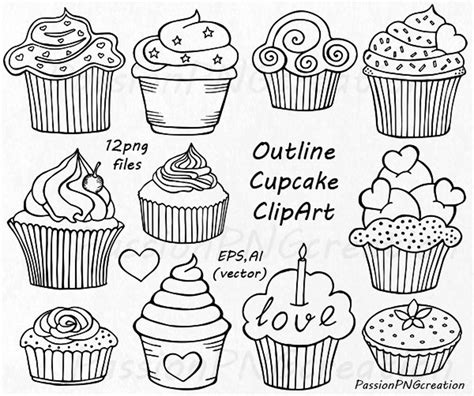 Outline Cupcake Clipart, Doodle Cupcakes Clip Art, Hand Drawn Cupcake ...