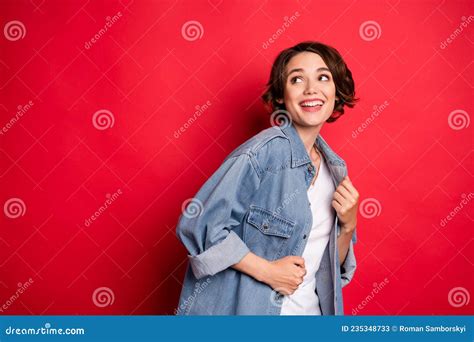 Photo Of Optimistic Brunette Millennial Lady Look Empty Space Wear