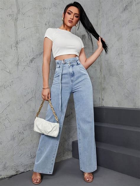 Shein Essnce Jeans De Pierna Recta De Talle Alto Con Cintur N Moda De