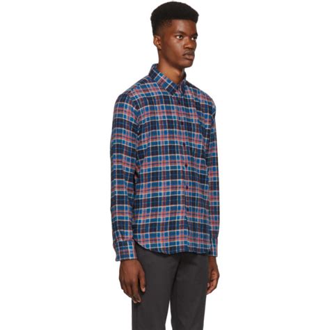 Naked And Famous Denim Blue And Pink Rustic Flannel Shirt Naked And