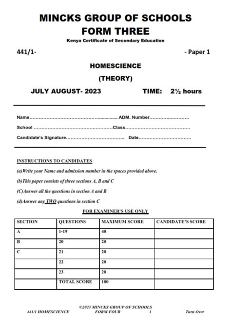 Mincks July August Mock Home Science Paper With Marking