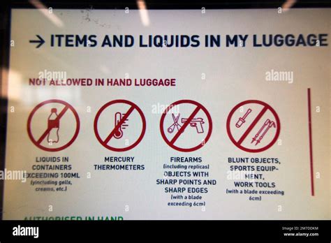 Warning Sign LCD Screen Showing Prohibited Banned Hand Luggage Items At