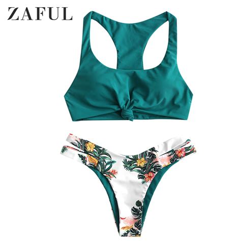 Zaful Plant Print Knoop Knipsel Racerback Bikini B Grandado